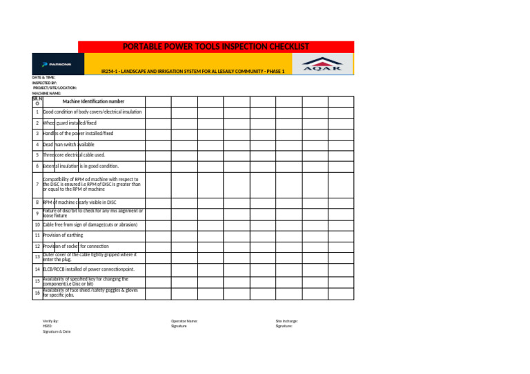 Portable Power Tools Inspection Checklist | PDF
