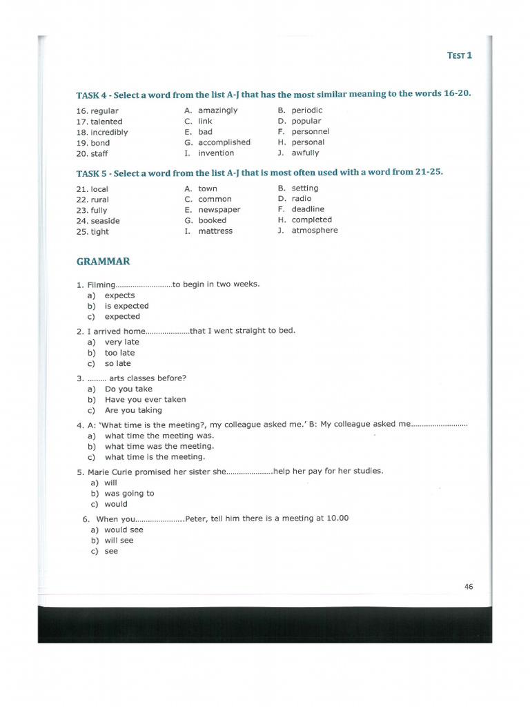 TEST 1 TASKS 4 5 and GRAMMAR GB p46 | PDF | Chess Theory | Chess