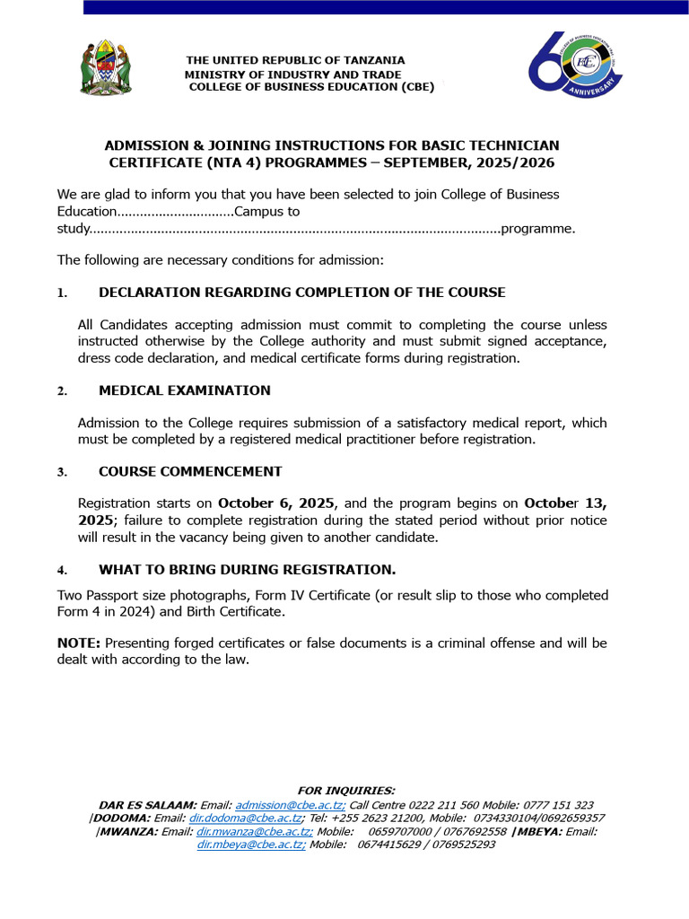 CBE Admission Instructions 2025/2026 | PDF