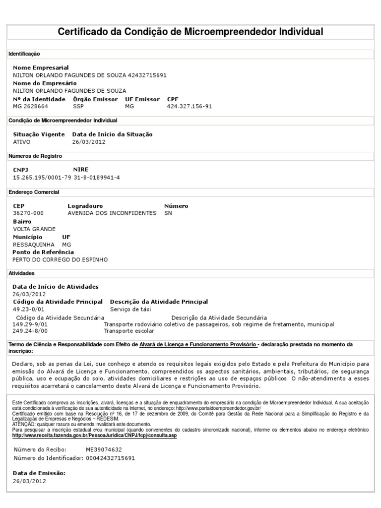 Certificado de Microempreendedor Individual | PDF | Business
