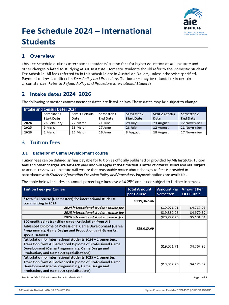AIE International Student Fee Schedule 2024 | PDF