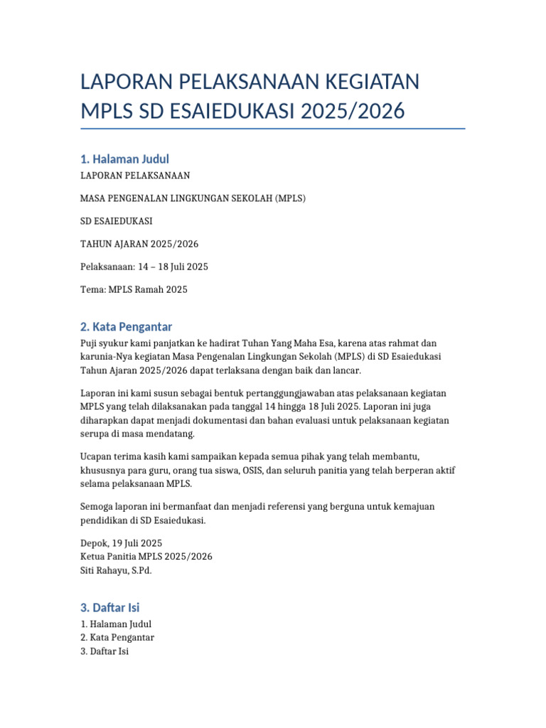 Laporan MPLS SD Esaiedukasi 2025/2026 | PDF