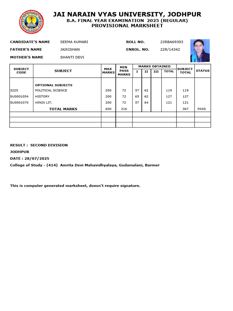 B.A. Final Year Provisional Marksheet 2025 | PDF