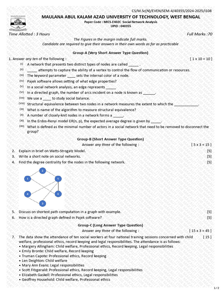 Social Network Analysis Exam Paper | PDF | Vertex (Graph Theory ...