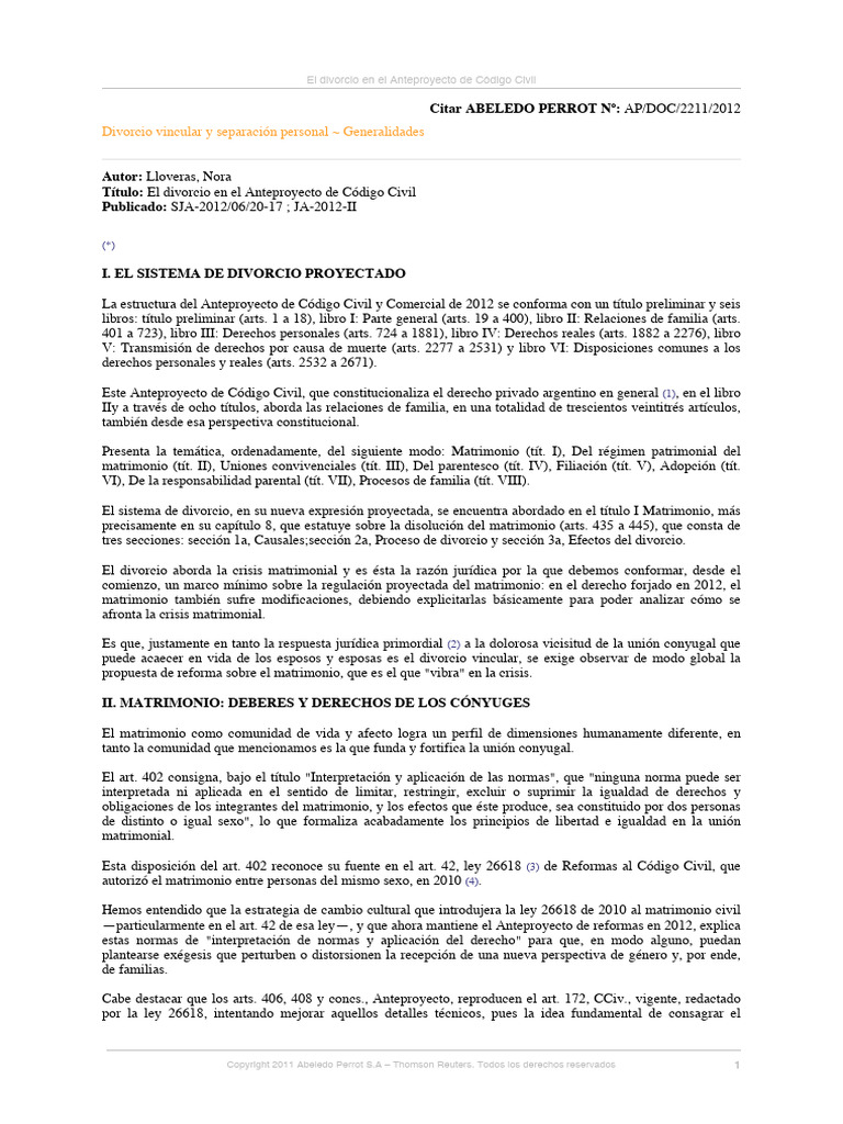 El Divorcio en El Anteproyecto de Código Civil (Lloveras) | PDF ...