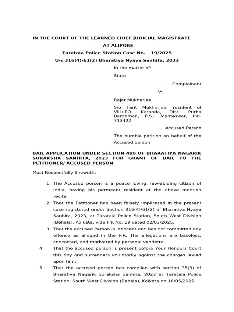 Bail Application for Rajat Mukherjee | PDF | Bail | Legal Procedure