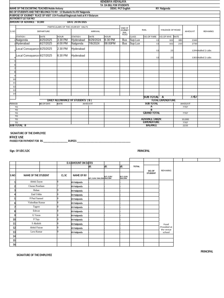 KVS TA/DA Bill Format for Students | PDF