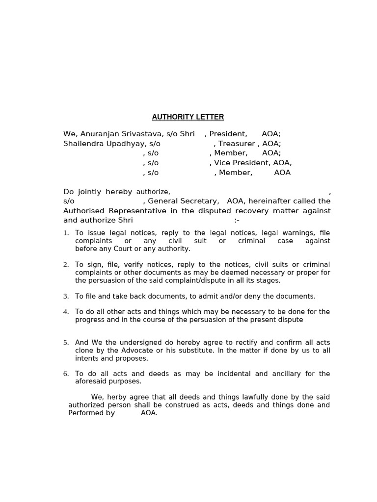 AOA Authority Letter for Legal Actions | PDF