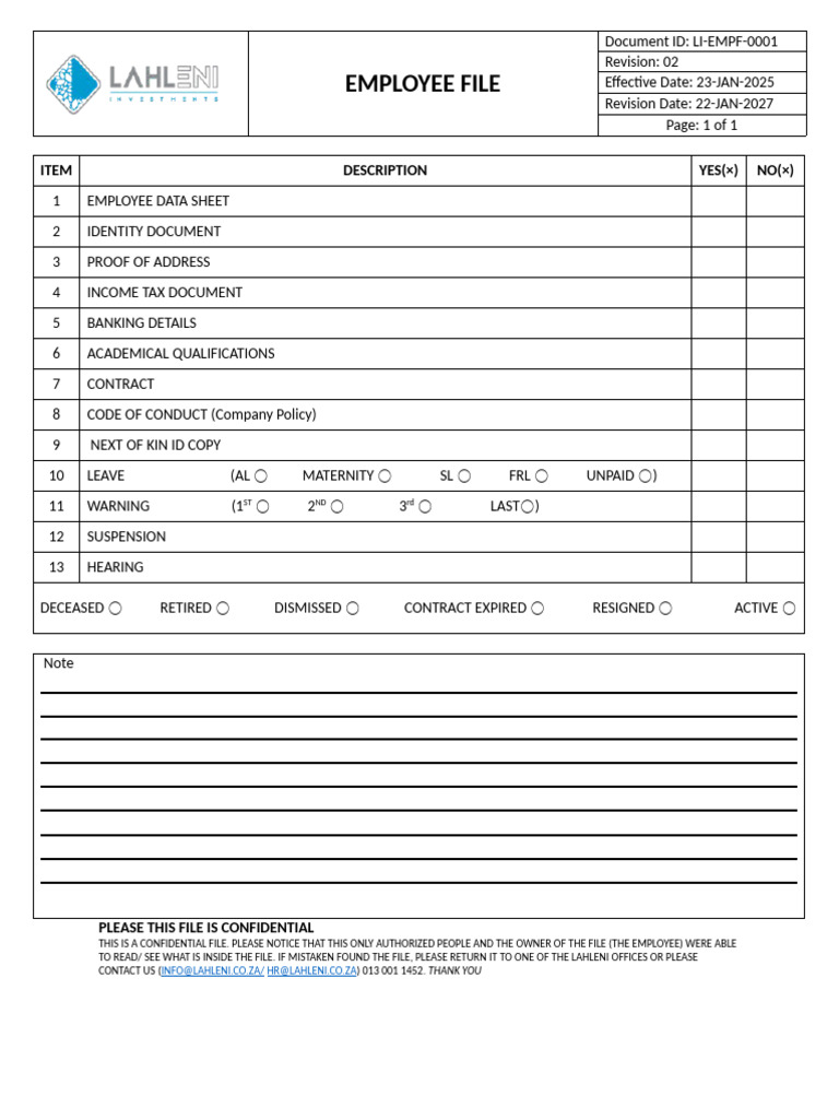 Employee File Cover Sheet Template | PDF