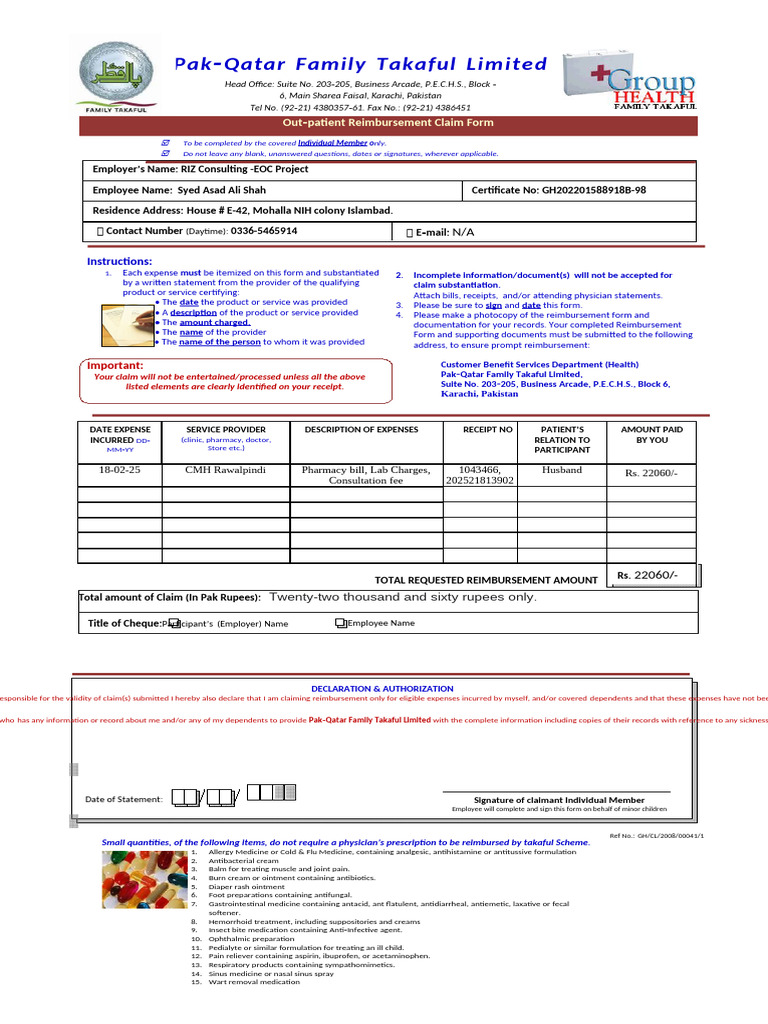 Outpatient Reimbursement Claim Form | PDF | Analgesic | Drugs