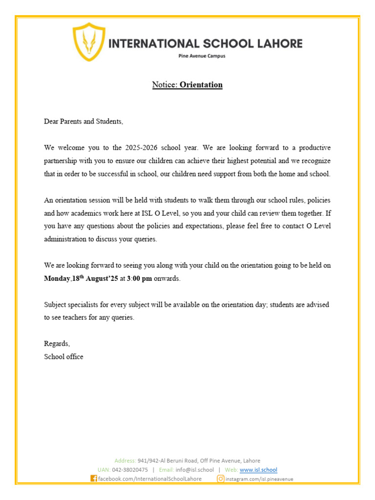 Orientation Notice ISL 2025 | PDF