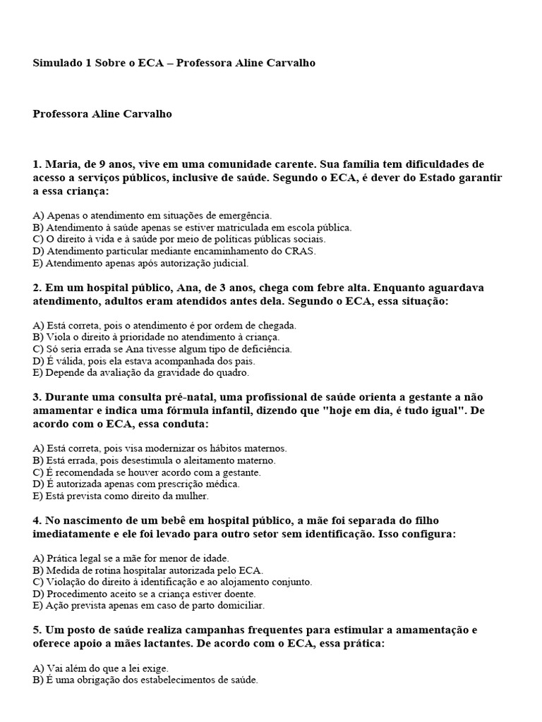 Simulado ECA: Questões e Respostas | PDF | Amamentação