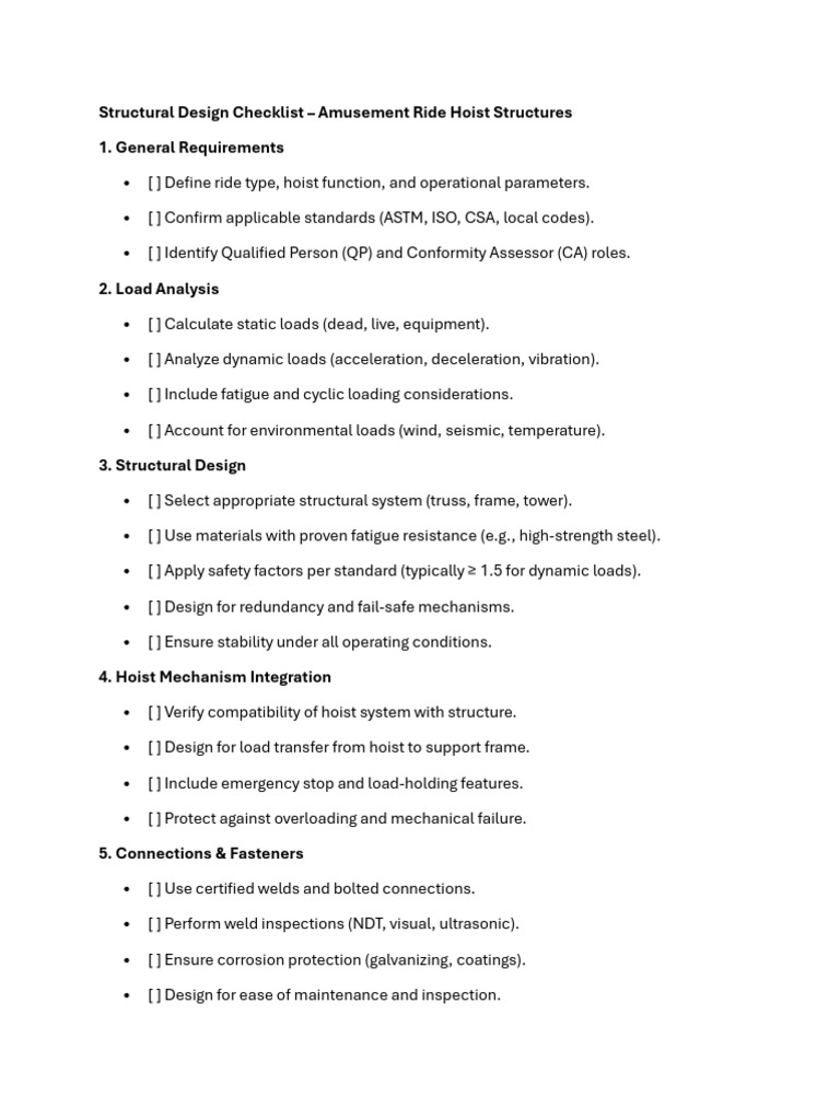 Amusement Ride Hoist Design Checklist | PDF