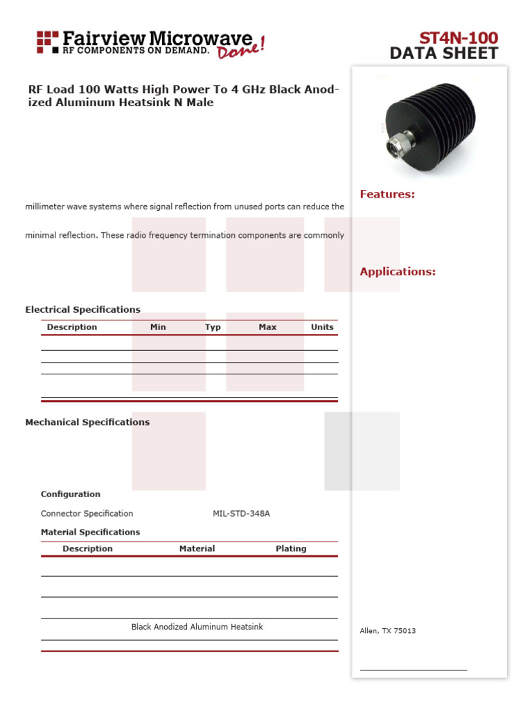 High Power RF Load ST4N-100 Data Sheet | PDF | Microwave | Radio Frequency