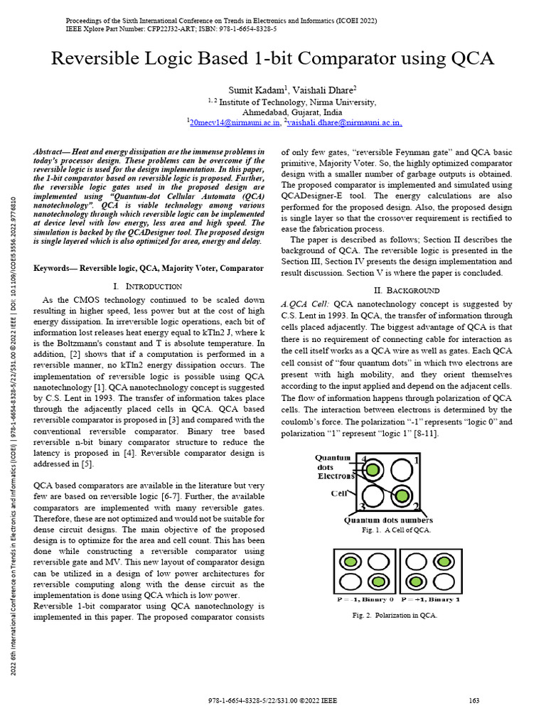 QCA-Based Reversible 1-Bit Comparator | PDF | Logic Gate | Electronic ...
