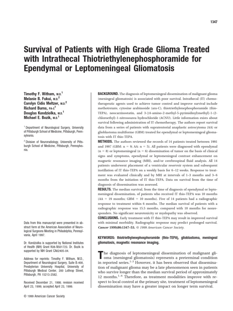 Cancer - 2000 - Witham - Survival of Patients With High Grade Glioma ...