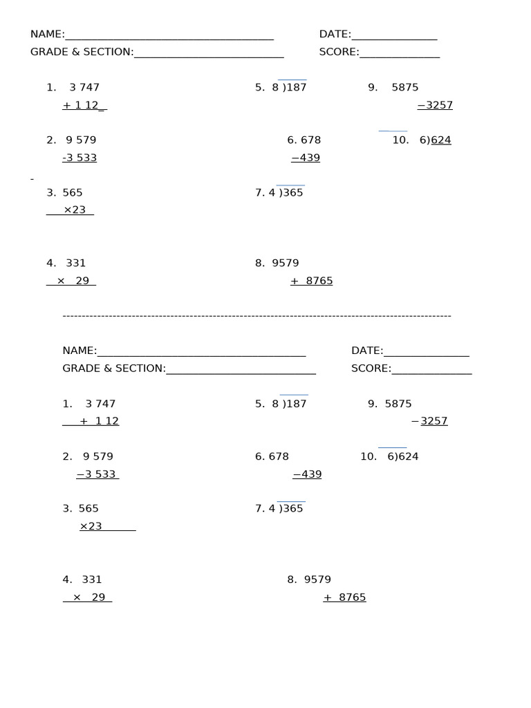 Math Worksheet with Scores and Problems | PDF