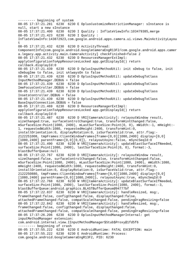 Camera App Crash Log Analysis | PDF | Software | Software Engineering