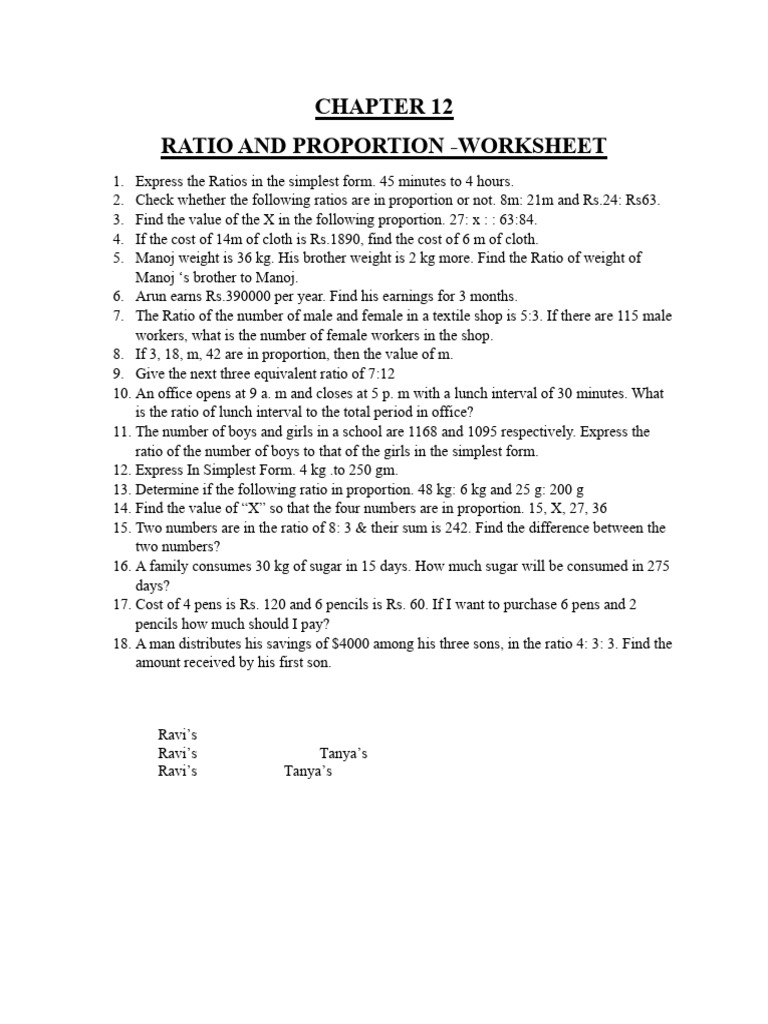 Class 8 Ratio and Proportion Worksheet | PDF