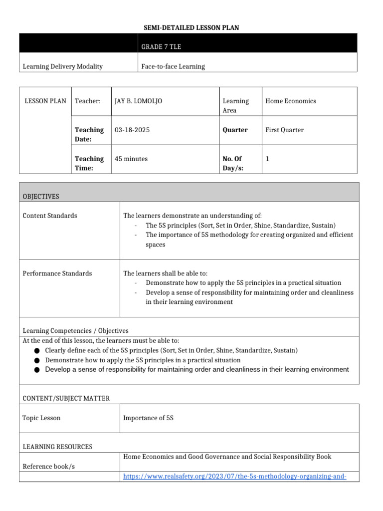5S Principles in Home Economics Lesson | PDF | Lesson Plan | Learning