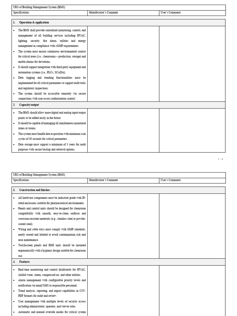 URS for BMS in Pharmaceutical Use | PDF | Verification And Validation ...