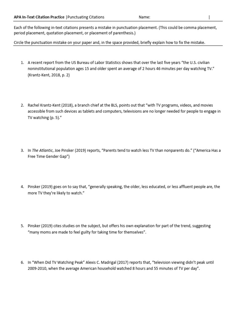 APAInTextCitationWorksheets ACTIVITY 1 | PDF | Citation | Brain