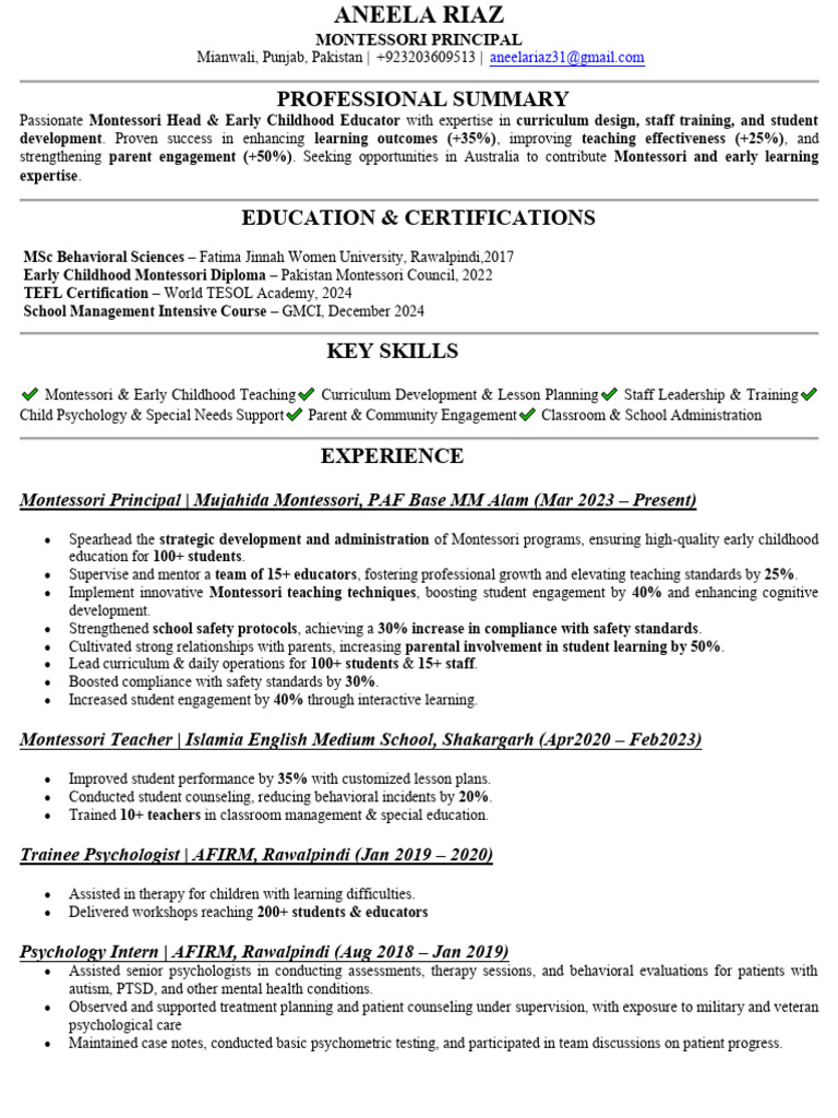 Anila Riaz: Montessori Principal Profile | PDF | Teachers | Montessori ...