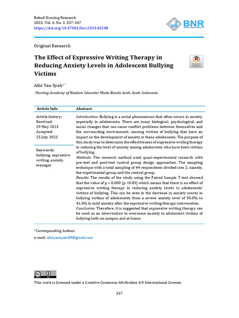 Expressive Writing Therapy for Bullying Anxiety | PDF | Adolescence ...