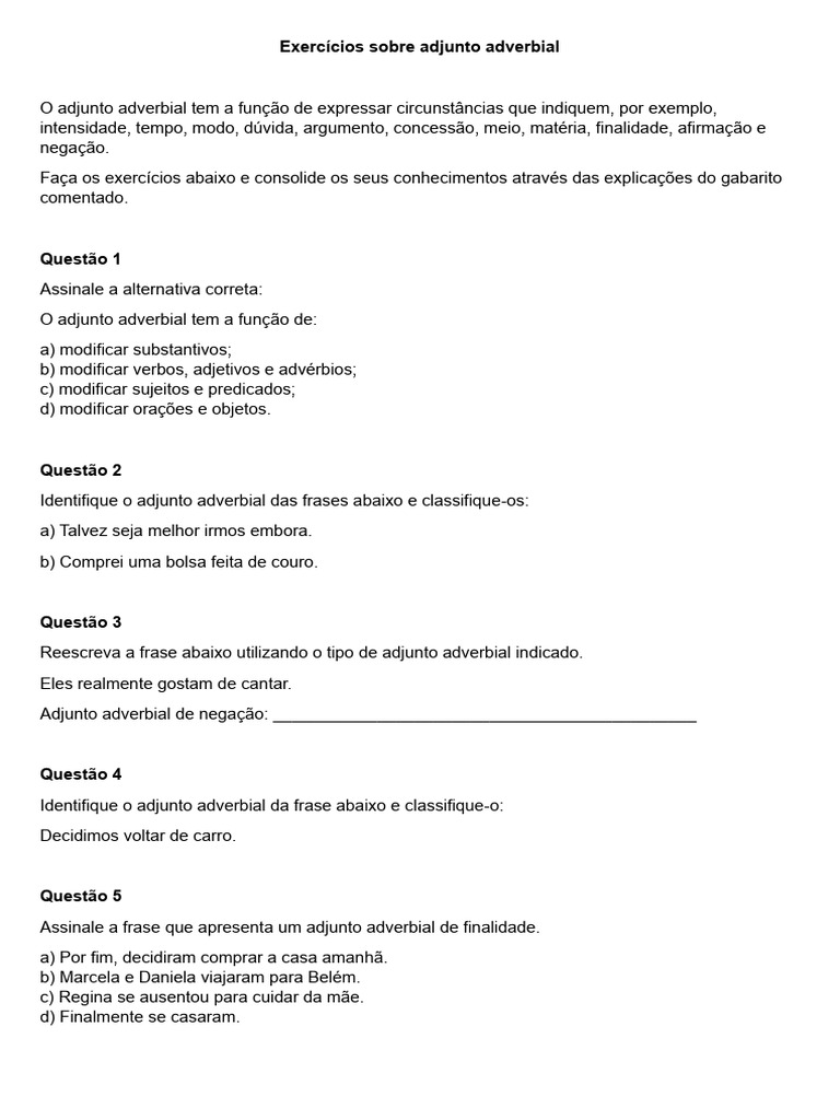 Exercícios sobre Adjunto Adverbial | PDF | Famílias linguísticas