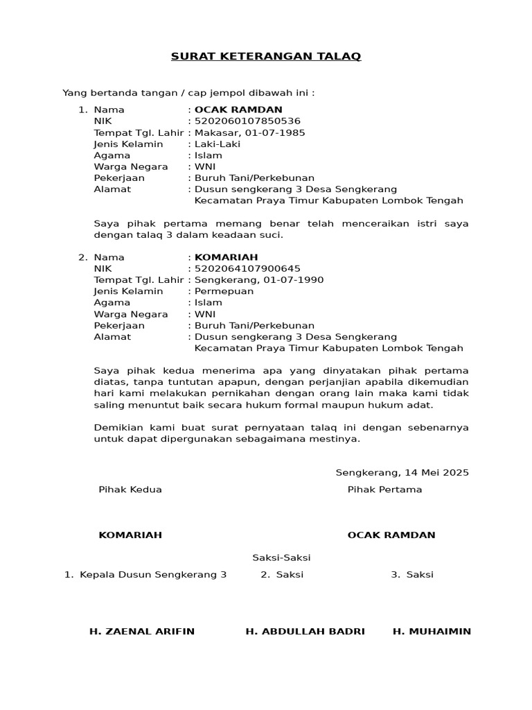 Surat Keterangan Talaq | PDF