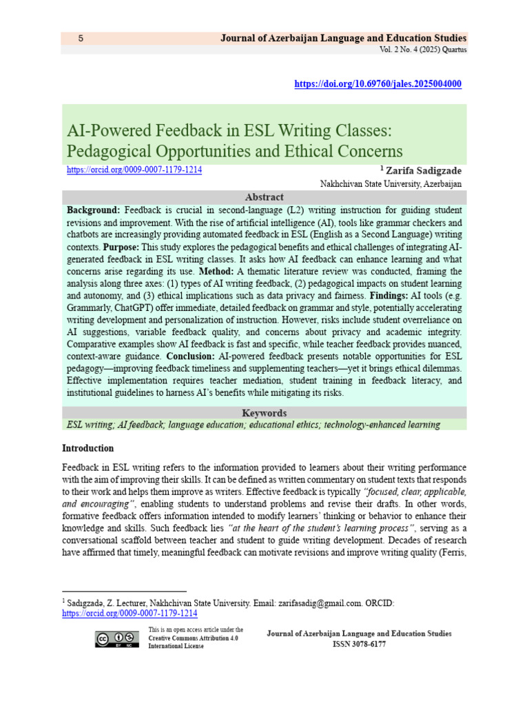 AI-Powered Feedback in ESL Writing Classes: Pedagogical Opportunities ...