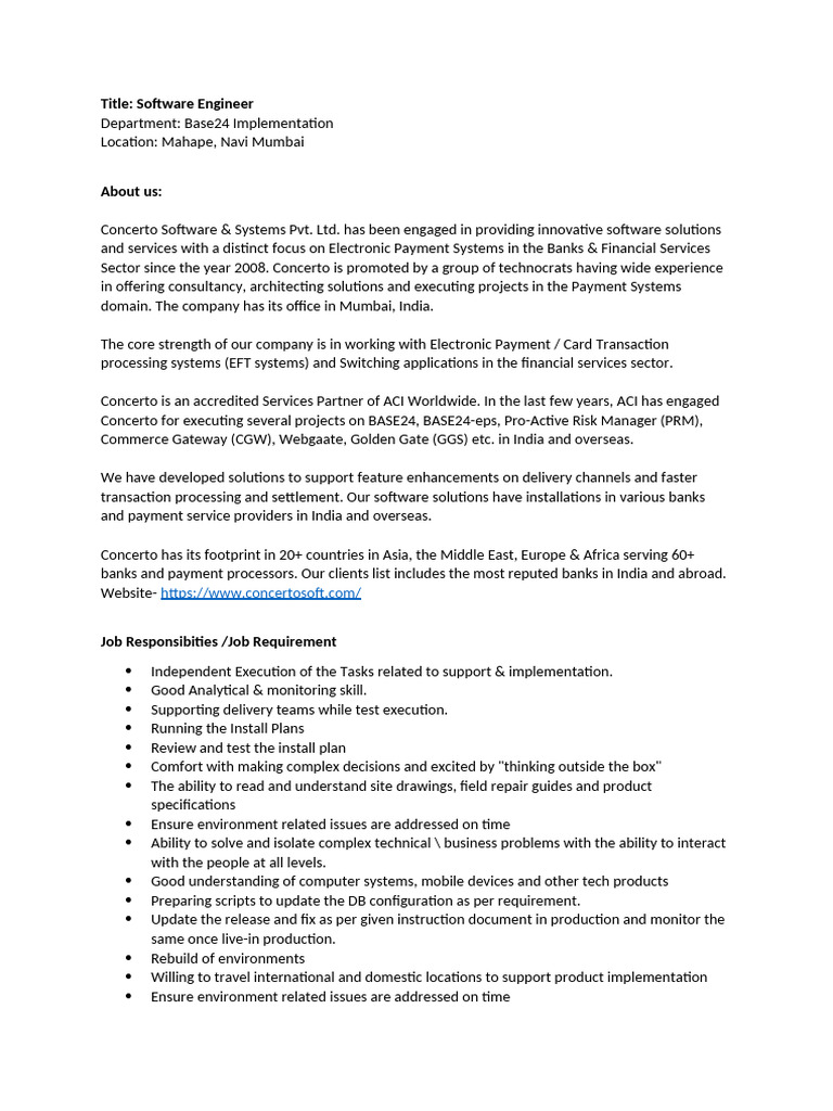 Base24 Implementation Engineer Role | PDF | Software | Computer Engineering