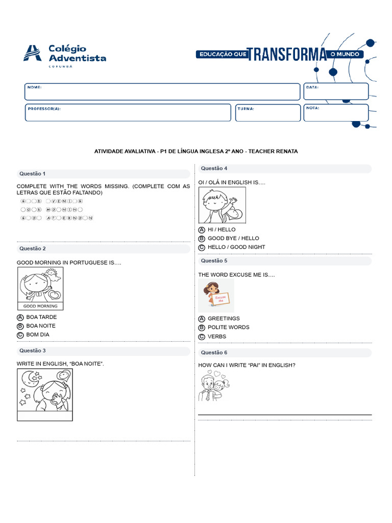 Atividade Avaliativa de Inglês - 2º Ano | PDF