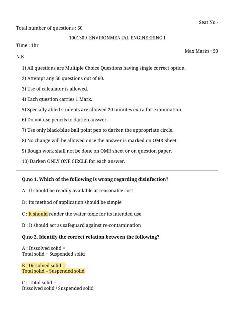 Environmental Engineering MCQ Exam Guide | PDF | Water Purification | Water