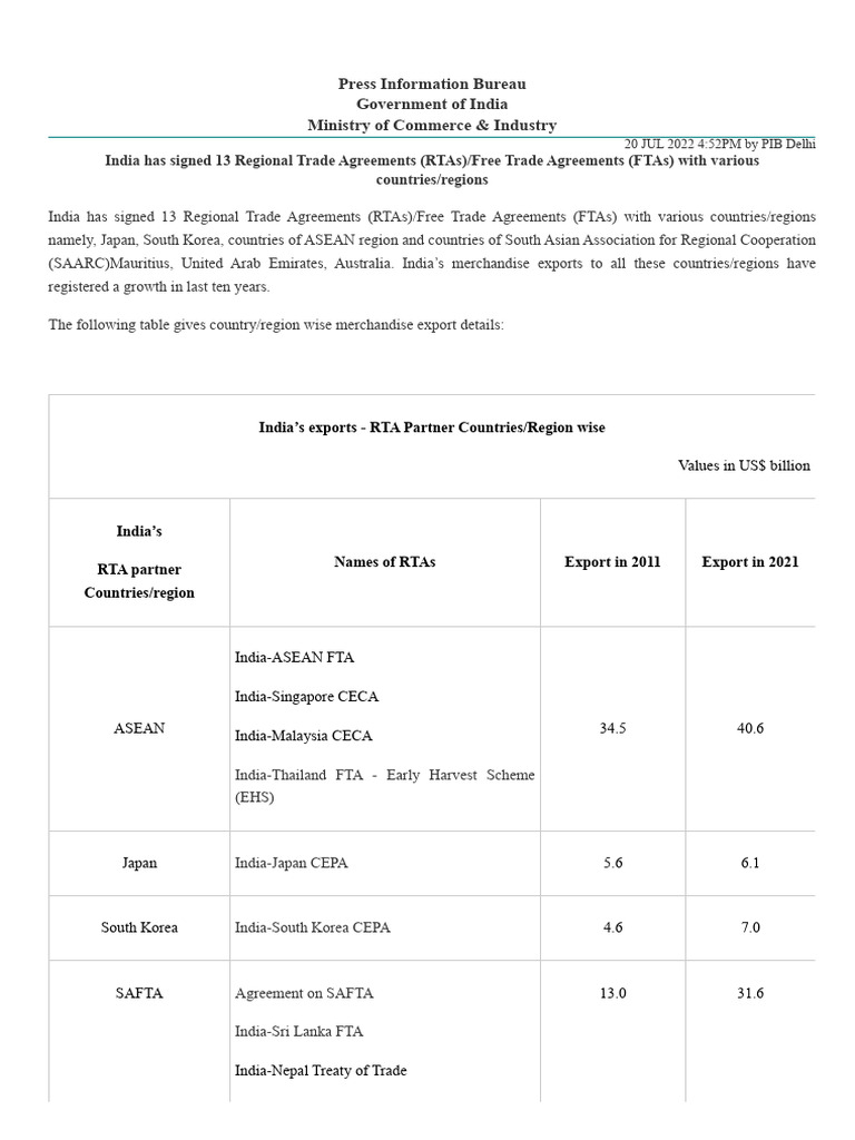India's 13 Free Trade Agreements List | PDF | Commercial Policy ...