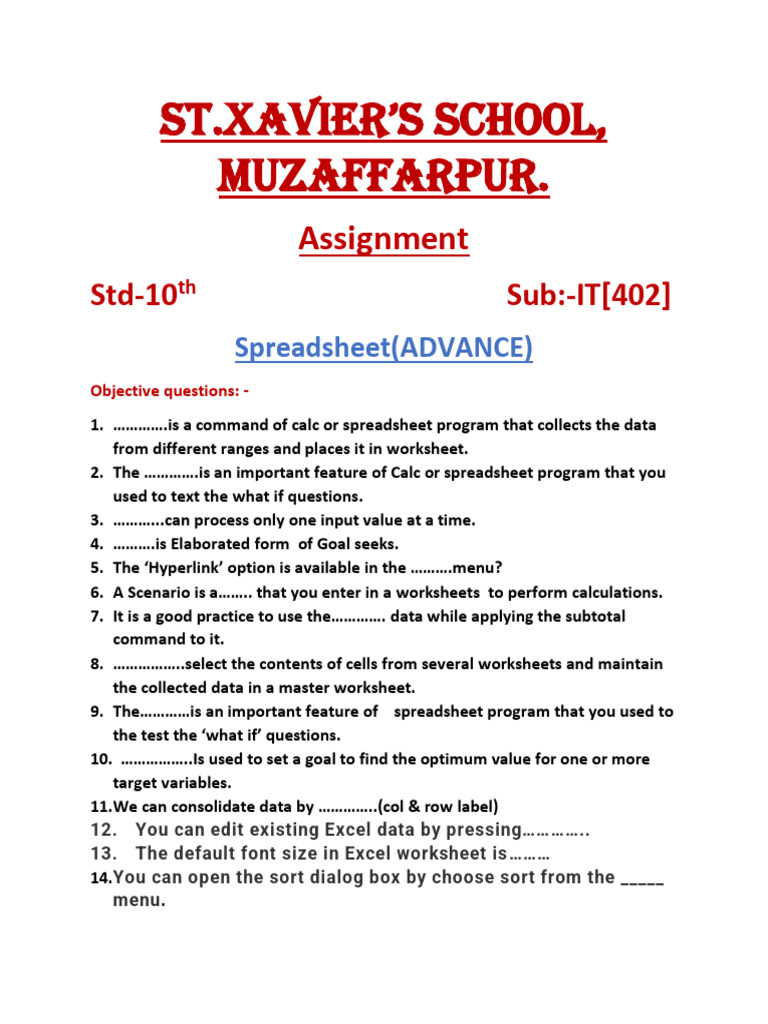 Std-10 IT Assignment: Advanced Spreadsheets | PDF