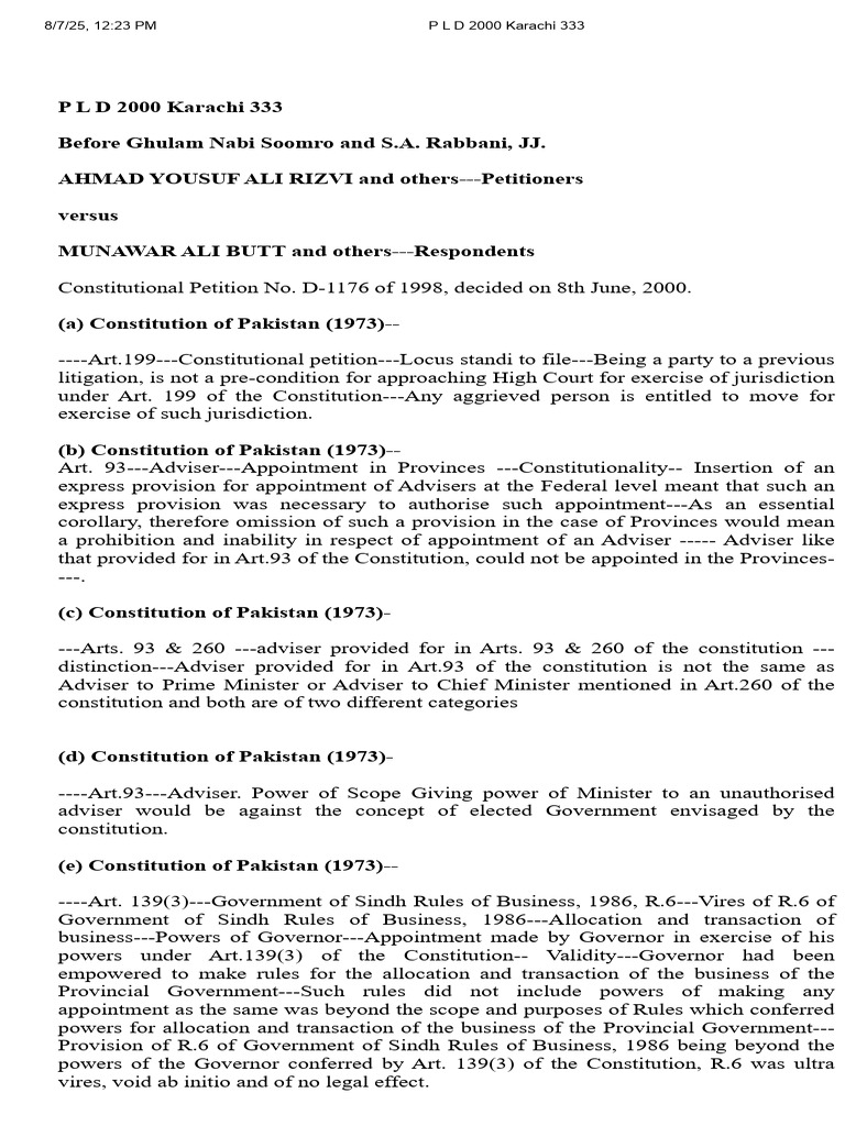 P L D 2000 Karachi 333 | PDF | Parliament Of Pakistan | Public Law