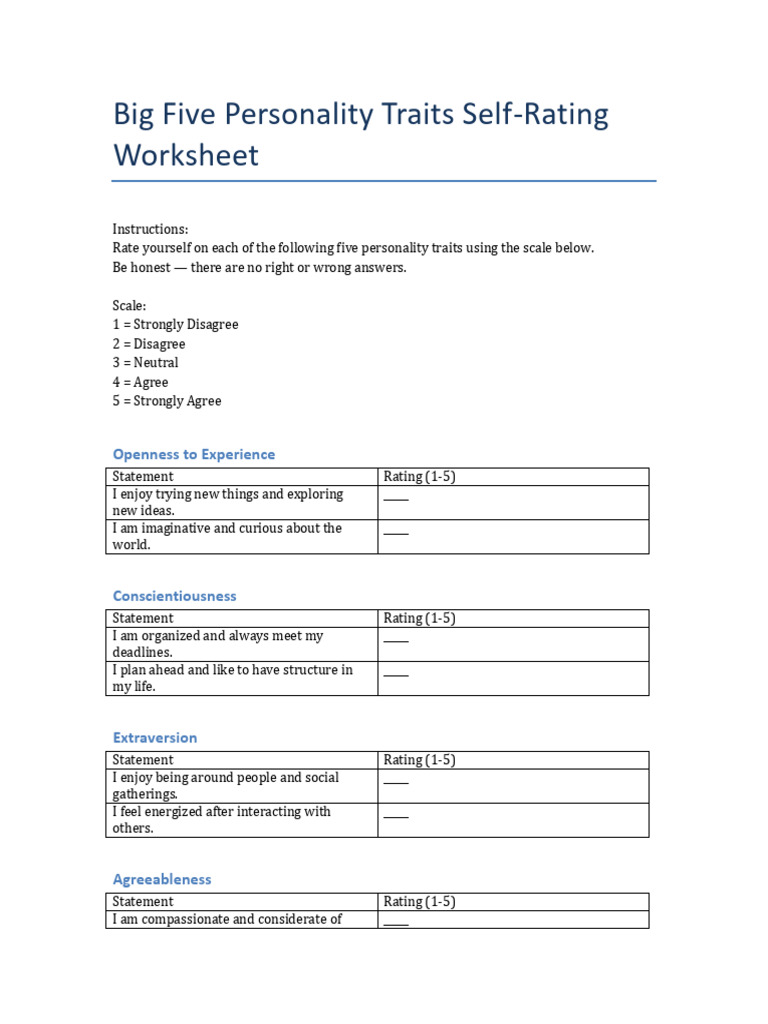 Big Five Personality Traits Worksheet | PDF