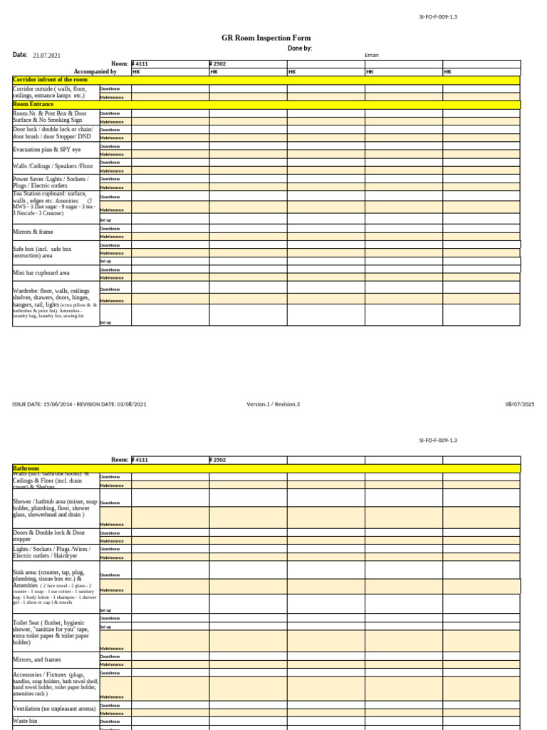 9- Room Inspection Form | PDF | Shower | Toilet