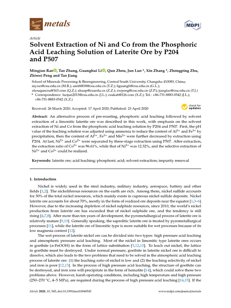 Solvent Extraction of Ni and Co from Laterite Ore | PDF | Nickel | Ore