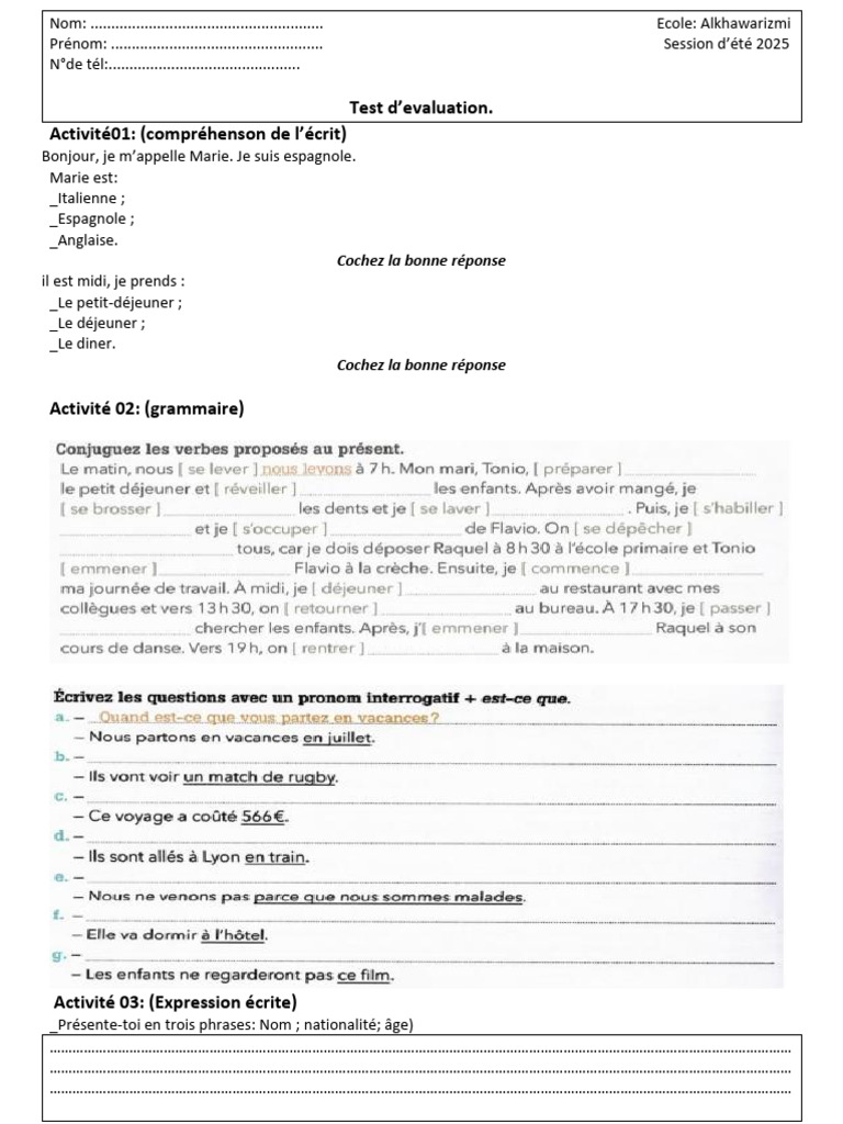 Test d'évaluation d'été 2025 | PDF