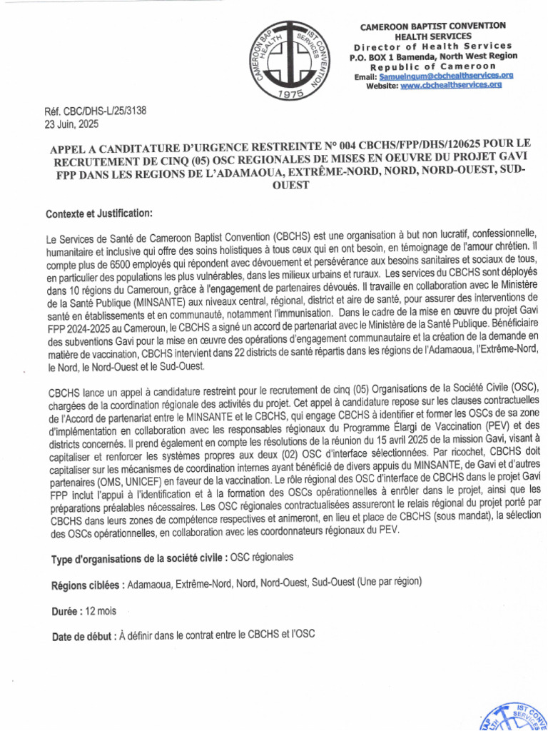 Appel A Candidature Pour Le Recrutement de 5 OSC Regional Du Porject ...