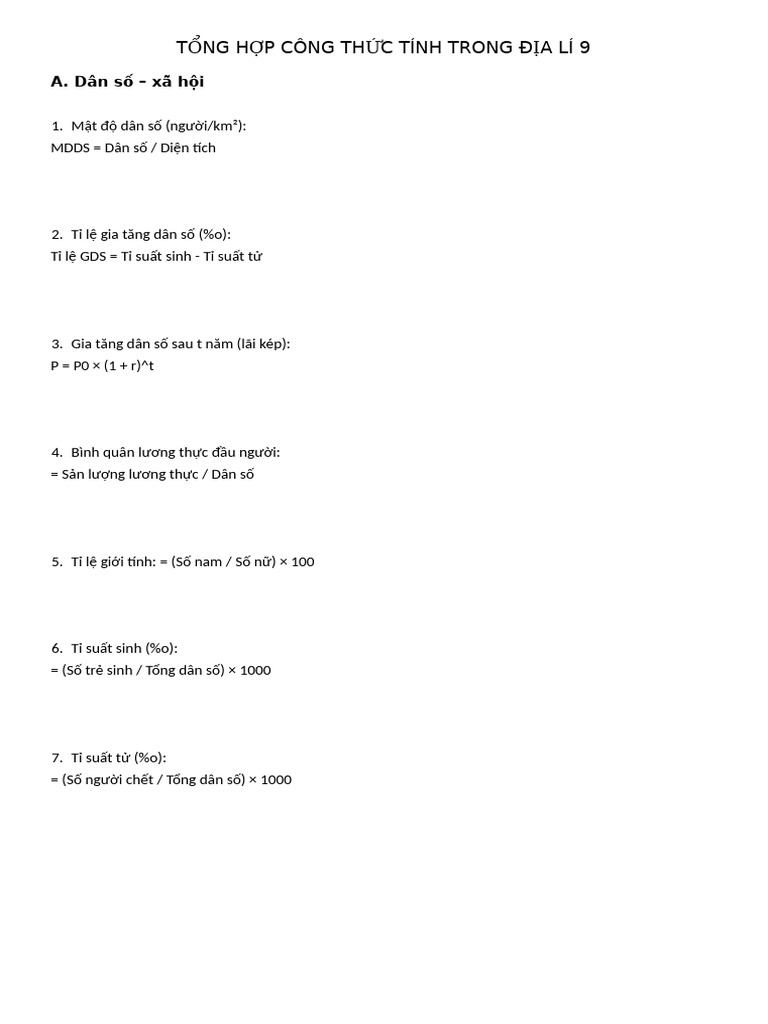 Cong Thuc Dia Li 9 Tong Hop | PDF