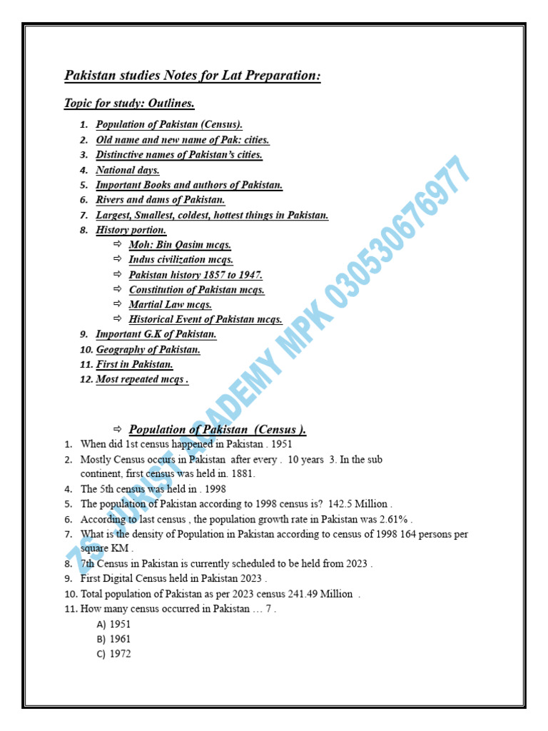 Pakistan Studies Notes for LAT Prep | PDF | Pakistan | All India Muslim ...