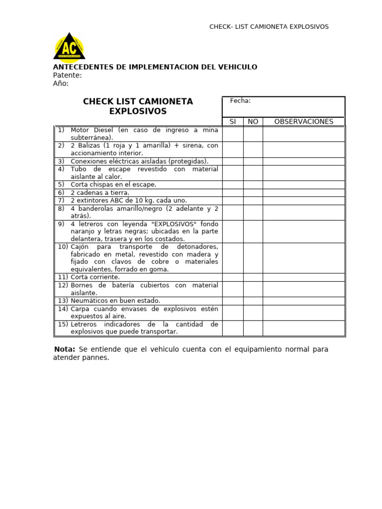 Check List Seguridad Camioneta Explosivos | PDF