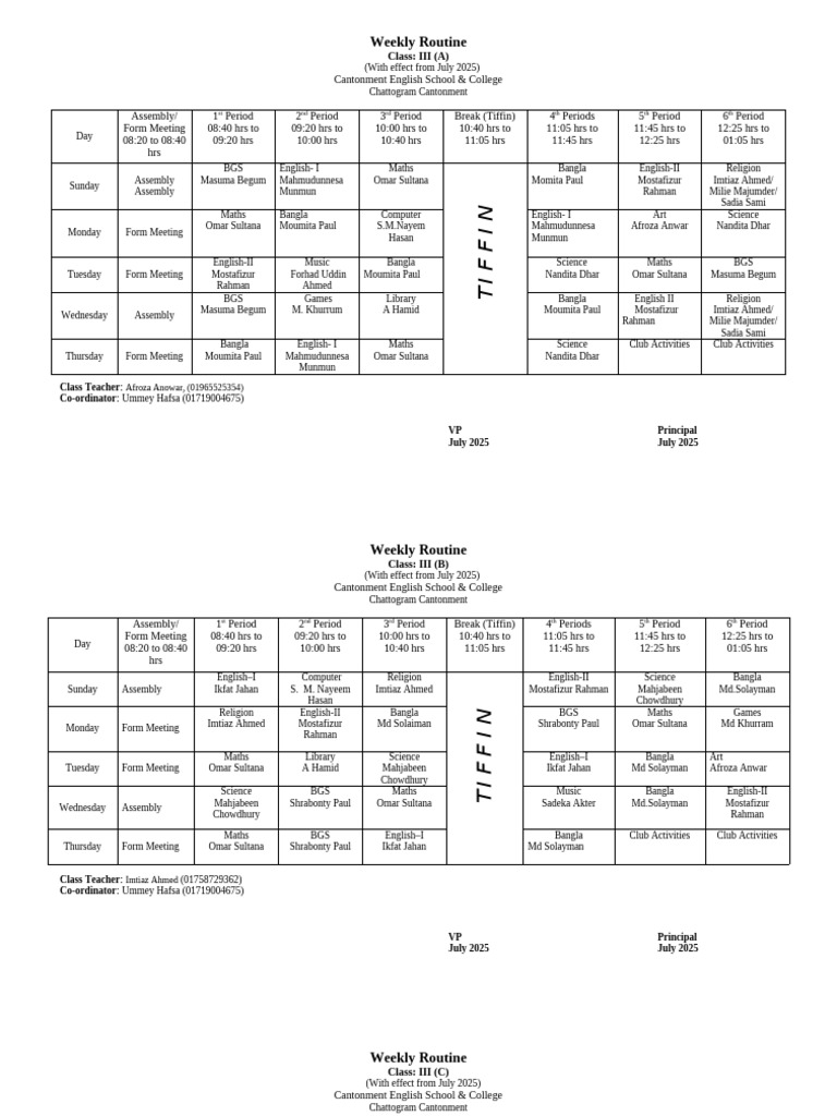 Class 3 Weekly Routine 2025 | PDF | Bangladesh