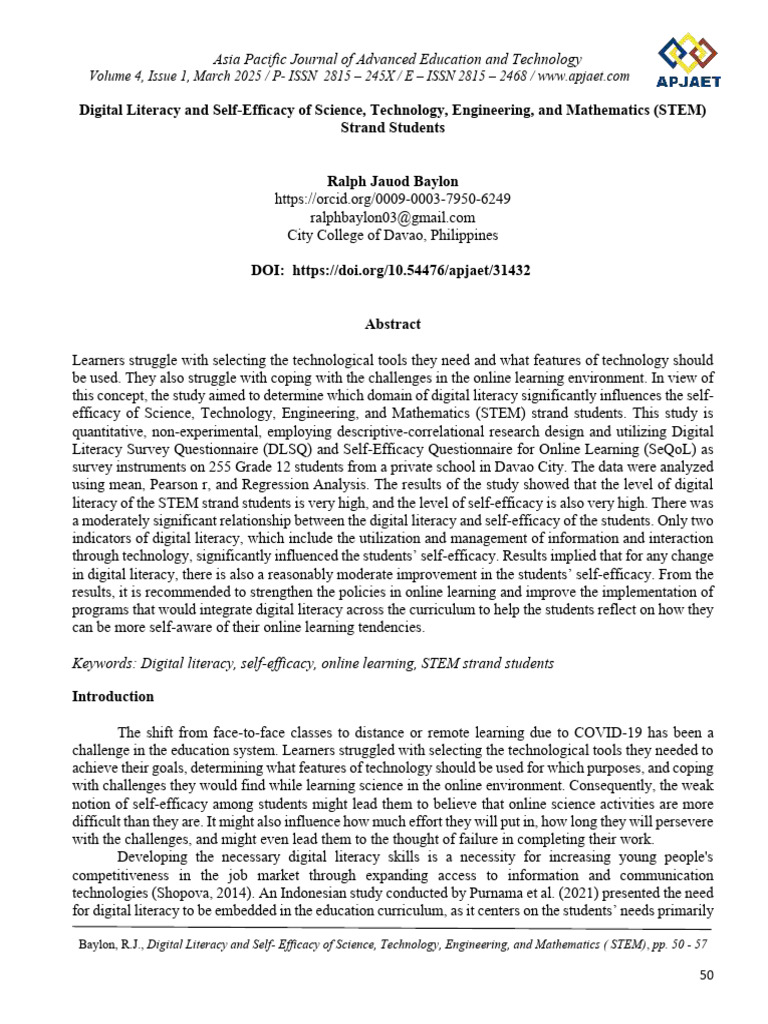 Digital Literacy's Impact on STEM Self-Efficacy | PDF | Self Efficacy ...