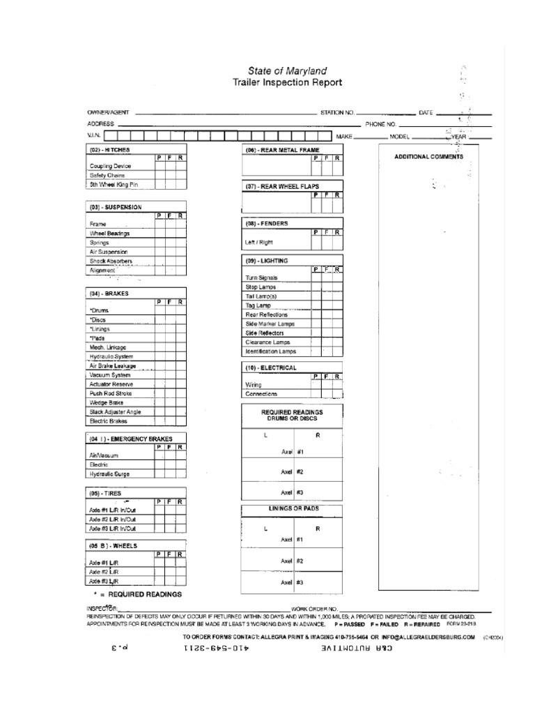 Maryland Trailer Inspection Report | PDF
