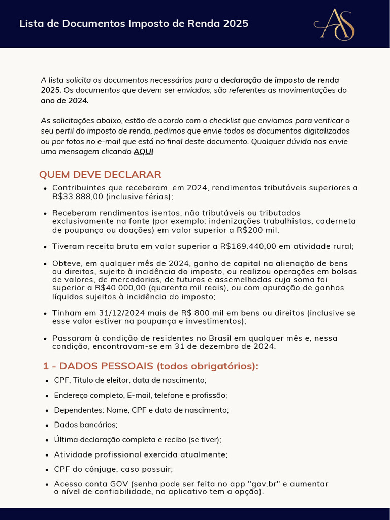 Lista de Documentos Ir 2025 | PDF | Impostos | Imposto de Renda
