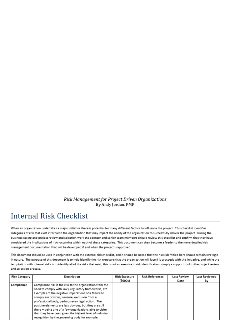 Internal Risk Management Checklist | PDF | Risk | Risk Management